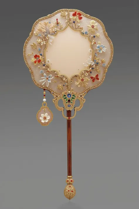 An ancient Chinese glass fan， hammered in a special way until very thin, Light, Very long handle, Gold Gem Decoration