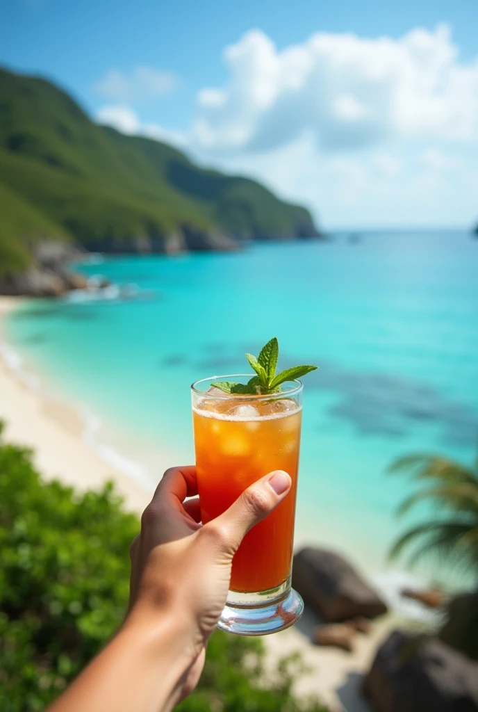  A first-person photo , Where are the hands in sight with a drink in the right hand, The landscape of an island 