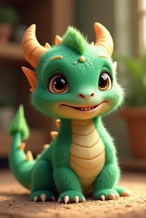 A cute green dragon that is small and furry