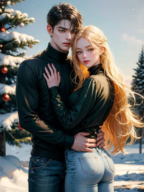 Couple, 1 girl 1 boy, different hair color, long blonde hair, wavy hair, no bangs, grey eyes. Turtleneck jumper and jeans. Short black hair, wavy and (green eyes) , black t shirt and jeans, height different, detailed eyes, face, hand. They look at the view...