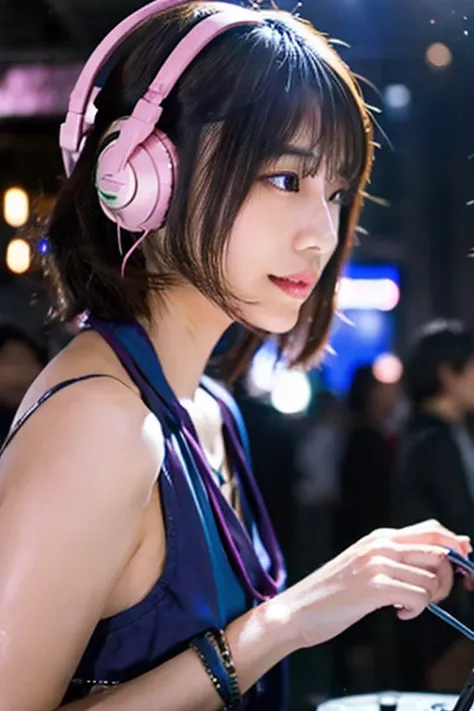 japanese woman,  dj, with headphone, in the club, cyber punk, kawaii, very short cut, crowds around, 