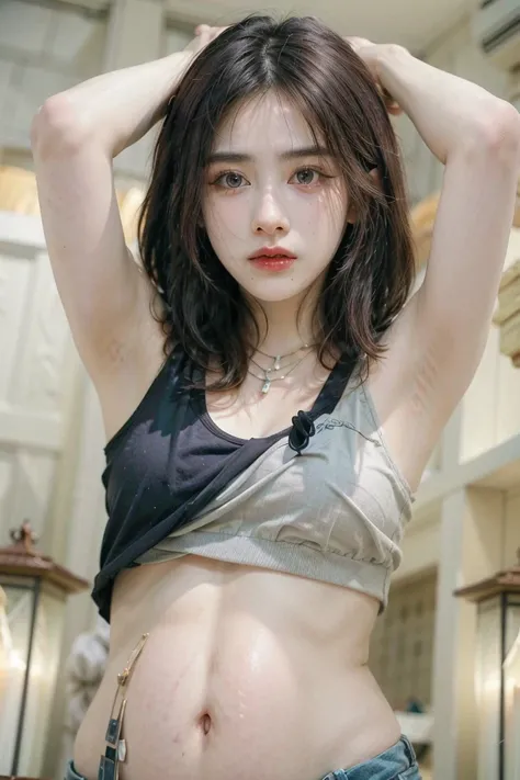       arms raised
Black earrings   , hairpin, necklace,       black super short hair         ,  shake   , sad ,, (Young face    ))),【【【【Miss,Bangs, ，Armpits暴露，   Armpits　，Perfect Arms 　Flat chest　Small chest　Pregnant　pregnant woman　露出Armpits　    with palac...