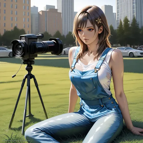 1 (wearing jeans overalls:1.3), Lie down on the grass,  an overhead camera , sharp concentration,  handsome,  Skinny,Professional Lighting,city,rendered eyes,Tall body, Adult Female,hair ornaments close to the garden, most viewed on Instagram,formula wallp...