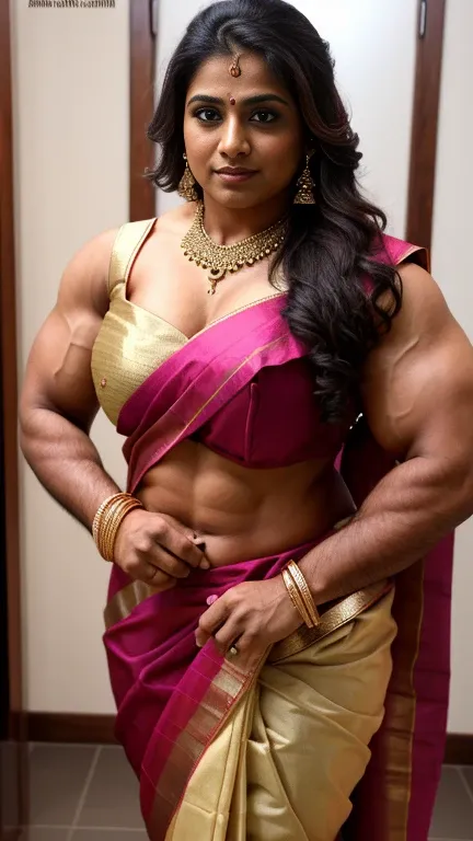 realistic photo of a massive 200 pound indian female bodybuilder attending a wedding in a saree. broad, ultra wide shoulders, showing massive cleavage. stunning. bulging arms, traps. cute, round button nose.