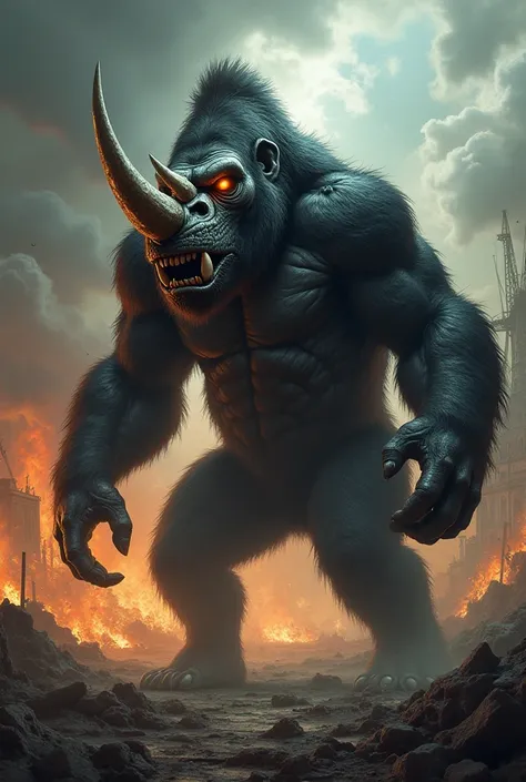 Design a seamless and terrifying hybrid creature combining the features of a gorilla and a rhino. The creature should have the muscular build and fur of a gorilla, but with the thick, armored skin and horn of a rhino. Its face should be a monstrous blend o...