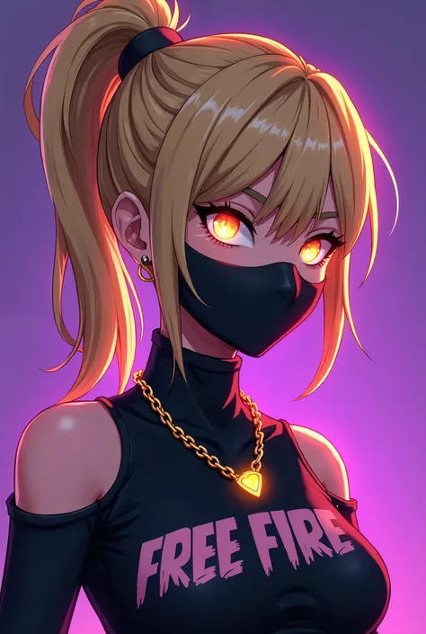 I want a female character with blond hair tied with a ponytail with lights in the eye black mask with a neck-length shirt with shoulders out and gold chain written Free Fire on the background with the color purple in the background 