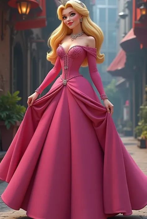 Princess Aurora in a modern passion pink dress
