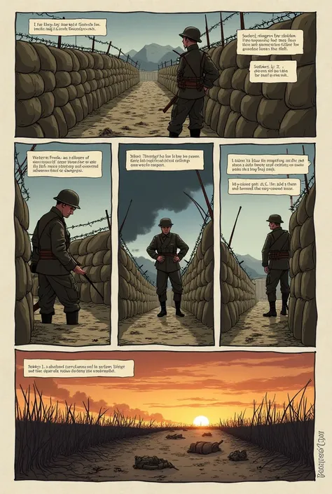 1.	Vignette 1
 • Picture: An overview of the trench: sandbags, barbed wire and soldered with worn uniform.
	• Text or Dialogue:
	 • Narrator  (in a box): “Western Front, 1917. Las trincheras son el hogar de los soldados desde hace meses…”
	• Soldier 1 (THO...