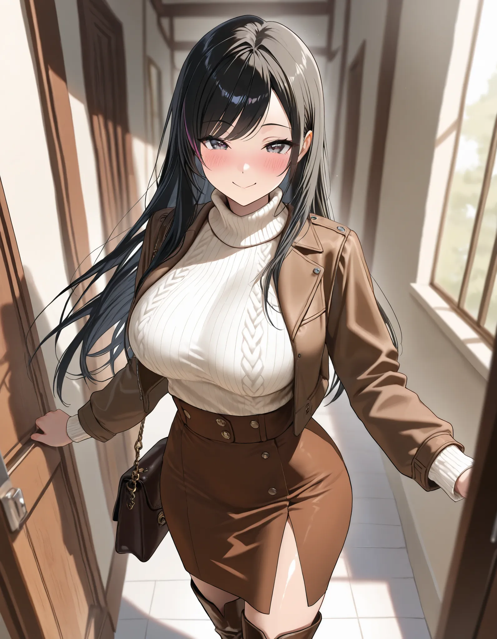 (best quality, masterpiece, ultra detailed, high resolution), Beautiful 8K CG artwork, Enriched photography, anatomically accurate body, depth of field,  1girl, elegant yet sexy girl, (long hair, black straight hair, swept bangs), 
round large breasts, bre...