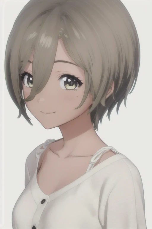 Alone, 1 girl, Watch viewers, 3d, Anime,  official style, Anime coloring, Anime screencap,  upper body, (simple background on infecti,  pure white background:1.3),  rupa  , white shirt, clavicle, smile