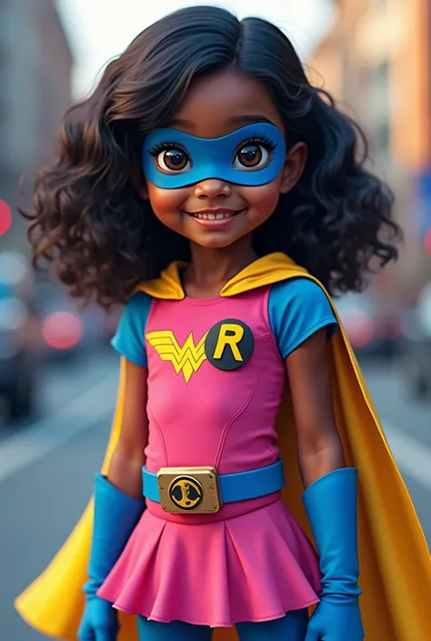 Black Asian girl age 8 as Robin the girl wonder wearing pink tunic, yellow cape, blue gloves, blue boots, pink skirt, blue legging and blue molded eye mask, a utility belt. Black circle and yellow R emblem. In the comic books style and Gta style. In the Go...