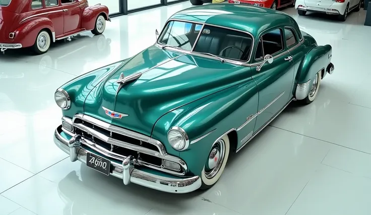 Above view of painted teal with shiny color 1950  Chevrolet 490 in sleek in large shape sedan in large size with Chevrolet logo on its large detailed grille in shiny white color with angular sporty design captured from close Above view with modified sleek ...