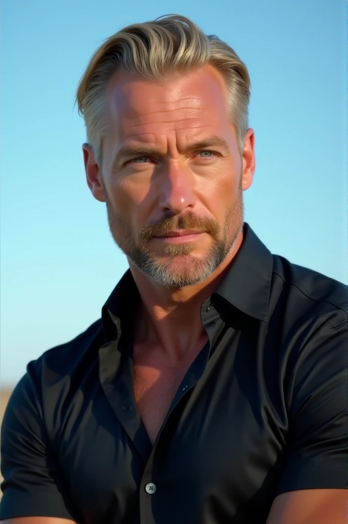 An image showing a young man in his forties, blonde,with light blue eyes and white skin. He wears a black silk shirt,  displaying a defined physique , with wide shoulders and toned muscles.  Her hair is styled back , and it has a serious and intense expres...