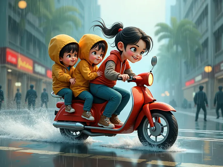 a woman ride a motobike with two boys sit behide, they both wearing raincoat in a heavy rain. they lean forward and look misable. look from side. chibi style
