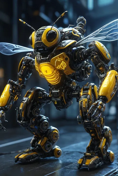 create photorealistic close up image of mechanized, robotic Bumble bee, cybernetic, japanese writing visible, translucent body, incredibly detailed, intricate, 8k, masterpiece, 300mm, f.14, night, spot light --ar 9:16, lines of code visible, dark cinematic...