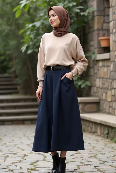 A stylish young woman wearing a modest and elegant outfit, standing in an outdoor setting with a stone wall and greenery in the background. She is dressed in a beige oversized sweater with slightly puffed sleeves, tucked into a high-waisted navy blue A-lin...