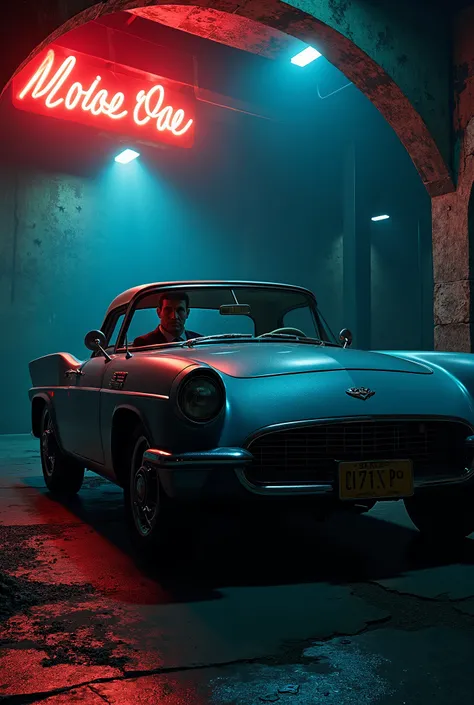 Realistic image of a person in a classic car in a dark cellar with neon light  