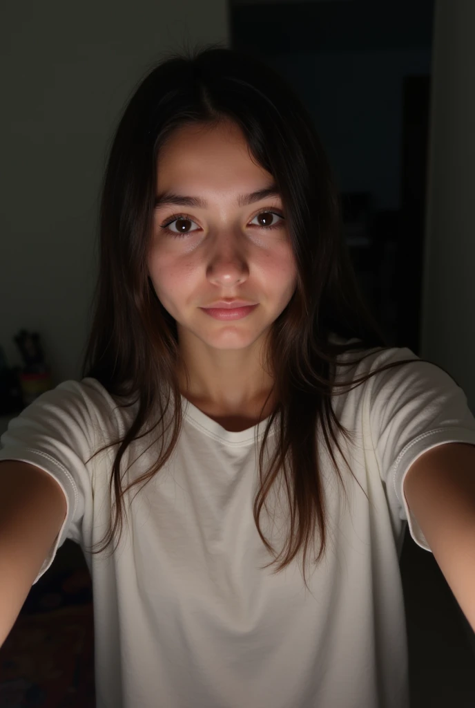 A 15 y.o Spanish Young girl with, Pale white skin, straight hair,Middle, With Wet T-shirt and Pajamas, Aitana taking a selfie. (Selfie characteristics: grainy, low quality, Low lighting, dark, Raw, blur:1.6)