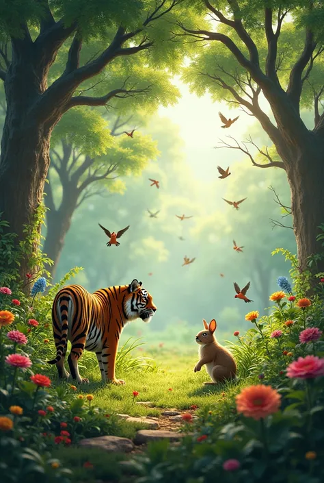 green environment ground with trees tiger rabit birds flowers