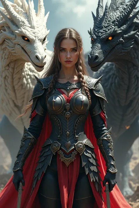 Woman dragon rider braided brown hair, with black and red armor made of scales and steel. with brown eyes . With armed daggers on his body. Along with two big and strong black and white dragons.