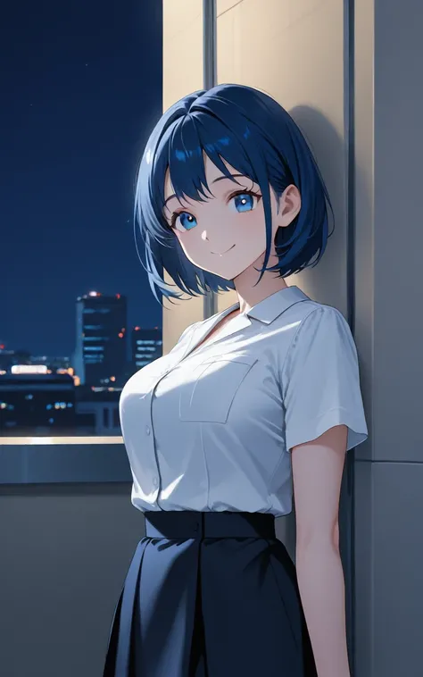 solo,one girl,Navy blue hair color,Short Hair, blue eyes, cute, beauty,company employee,Short sleeve,white blouse,black flared skirt, small mouth, shut your mouth,(( face and smile )), office district,night,outside,Breasts that are about the size of a good...