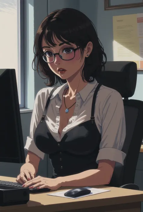  old assistant, high school sweetheart, slightly busty, shy, timid, wearing glasses, afraid, revealing clothes, office clothes, Mexican, introvert, geek, sulking, cute 