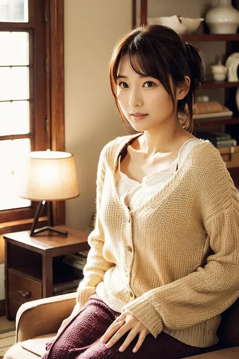 { small tits｝、{Riho Yoshioka:1.3}、Japanese actress、Age 35、 living room 