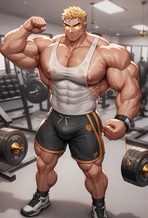 Iron Fist alone in the gym, staring at golden pendulum, stringer tanktop, gym shorts, muscular, muscles, big biceps, broad shoulders, massive pecs, sweaty, hairy chest, glowing golden spiral in the eyes, blank expression, vacant stare, hypnotized, brainwas...