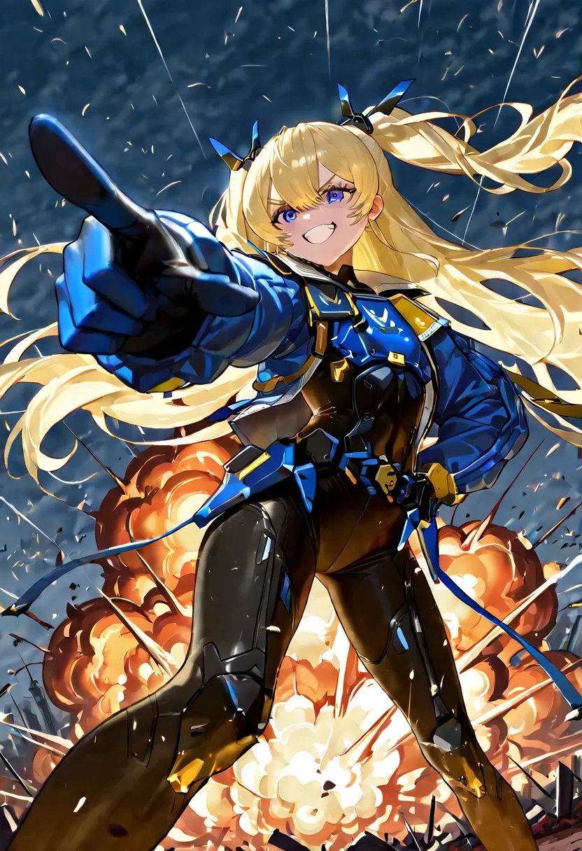 Laplace ( Goddess of Victory Nikke), pointing to the index finger ,battlefield, Happy face,explosion