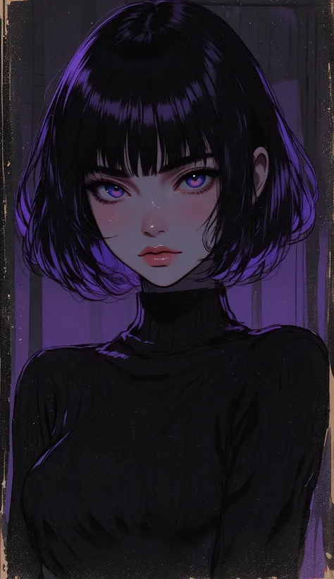 (best quality, sketch:1.2), dark monochrome background, anime,illustrator,anime,1 girl, detailed lips,sweater,custom, ( background dark),neon hair,textured cropping,Canadian, masterpiece, style retro classic, noir dark, art, sketch book, (bob hair purple:1...