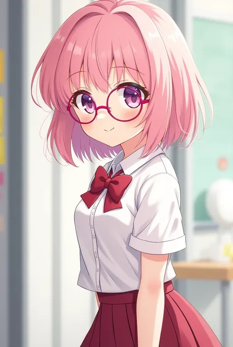 Minina Loly with pink hair round glasses white skin school uniform already Japanese