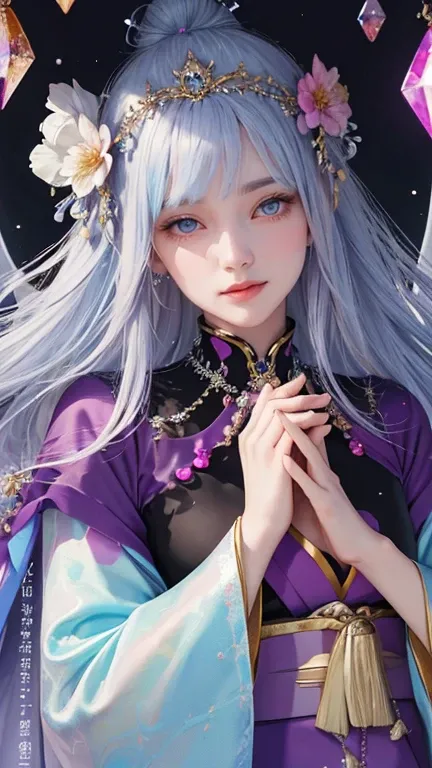 goddess、Fortune Teller、 with a crystal ball、fantastic background with glittering colorful gold and rainbow colors、 beautiful silky silver hair 、Long-sleeved purple kimono with collar 、Delicate skin like silk 、 face the front 、Upper body only、 holding a cry...