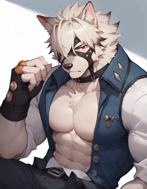 Score_9, Score_8_up, Score_7_up, alone, is from Wolfdog, Werewolf, muscular, red eyes, Button, Eye mask, One eye covered, pants, Wristband, The best band , bust portrait , Fingernails , fingerless gloves ,Thin,Lie down,Supine, muscular身体, to bare your ...