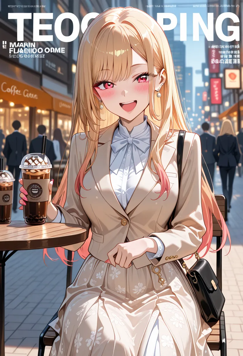 Marin Kitagawa, long hair, blonde hair, light pink ombre hair, red eyes, elegant spring fashion, fitted blazer, soft pastel top, flowing skirt, small leather crossbody bag, sitting at an outdoor café table, iced coffee in one hand, laughing with flushed ch...