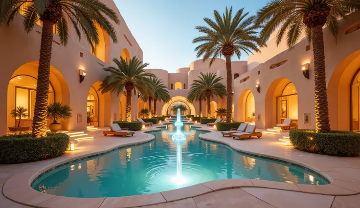 "A futuristic desert oasis with glowing water fountains, holographic palm trees, and sleek resting areas. The environment is vibrant and inviting, with soft golden lighting. Shot type: Low-angle shot to highlight the glowing water and holograms. Lens type:...