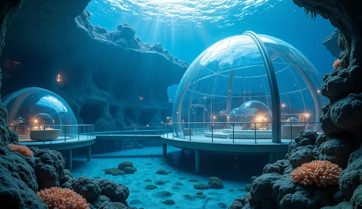 "A utopian underwater city with transparent domes, glowing coral reefs, and advanced marine technology. The scene is illuminated by bioluminescent lights, creating a magical underwater atmosphere. Shot type: Wide shot capturing the entire dome and its surr...