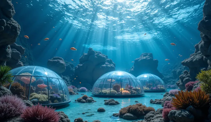 "A utopian underwater city with transparent domes, glowing coral reefs, and advanced marine technology. The scene is illuminated by bioluminescent lights, creating a magical underwater atmosphere. Shot type: Wide shot capturing the entire dome and its surr...