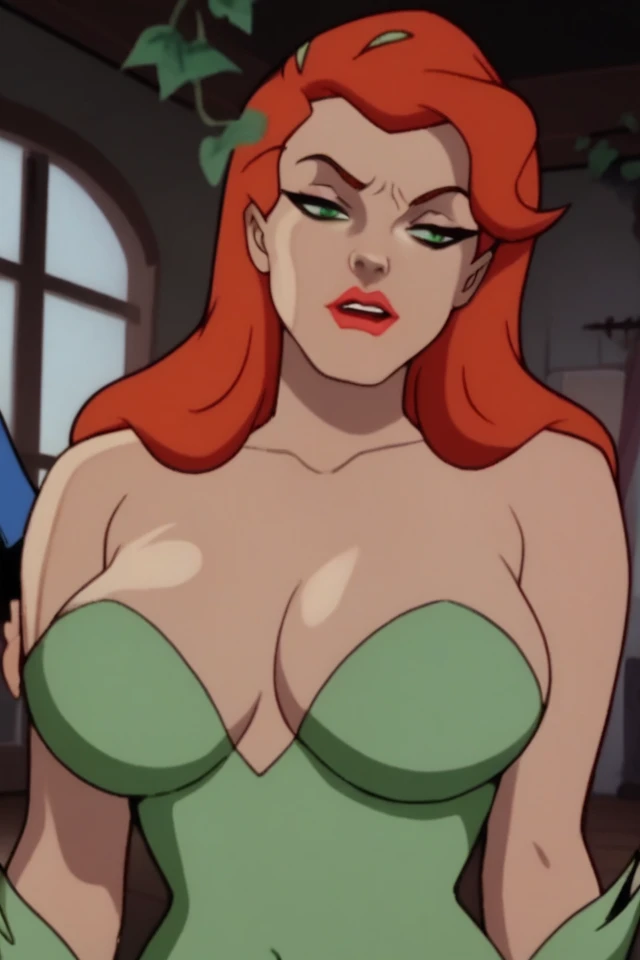  score_9,  score_8_arriba,  score_7_arriba,
1girls,  poison ivy,  green eyes , red hair,  long hair,  Huge Breasts,  neckline , Nightwing Clothing, red lipstick, Luxury Room, The Nightwing Home