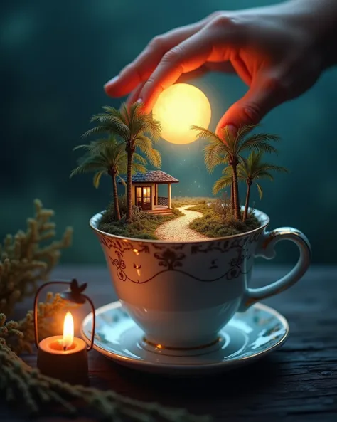 stunning summer landscape in a teacup. A human hand gently holds a glowing moon over an enchanting landscape in the cup. The landscape shows a cozy patio nestled between palm trees. A winding, glittering path leads to the patio, and the whole scene is illu...