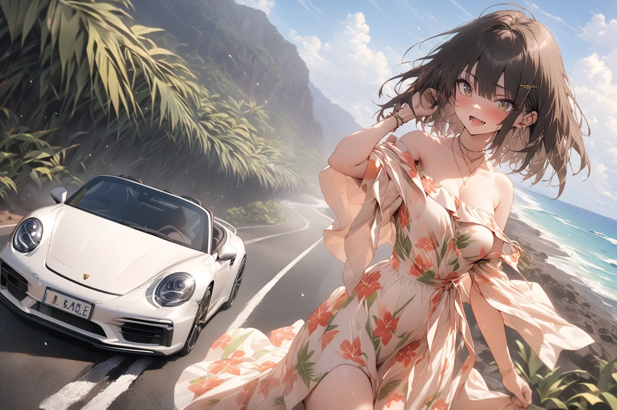 (masterpiece, detailed:1.2), One Girl, (18-years old), brown long Bob Cut, Medium Breasts, off shoulder,BREAK, Highest quality, on a Hawaiian road, BREAK, standing, "Porsche 911 spider", 