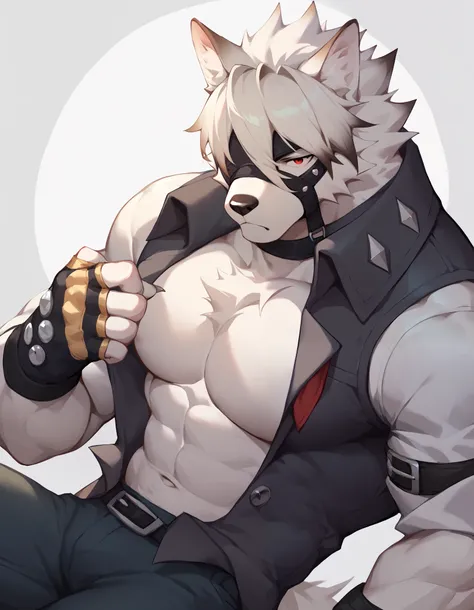 Score_9, Score_8_up, Score_7_up, alone, is from Wolfdog, Werewolf,white fur, muscular, red eyes, Button, Eye mask, One eye covered, pants, Wristband, The best band , bust portrait , Fingernails , fingerless gloves ,Thin,Lie down,Supine, muscular身体, to ...
