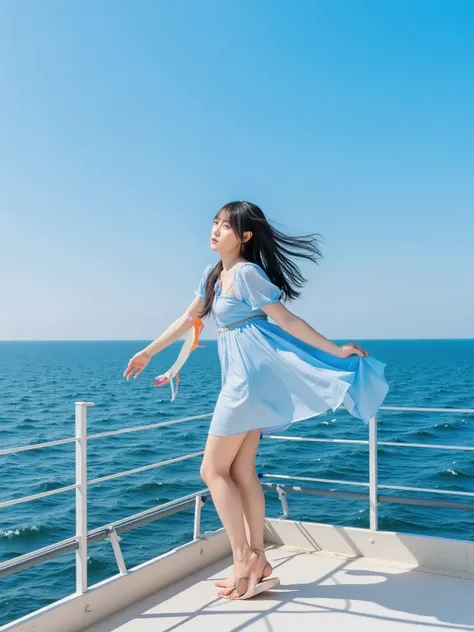 {
  "prompt": "A Japanese woman standing on the bow of a luxurious cruise ship with her arms extended horizontally, wearing a light blue dress. Her long hair is flowing in the wind, creating a sense of freedom and movement. The ocean stretches out in the b...