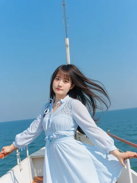 {
  "prompt": "A Japanese woman standing on the bow of a luxurious cruise ship with her arms extended horizontally, wearing a light blue dress. Her long hair is flowing in the wind, creating a sense of freedom and movement. The ocean stretches out in the b...