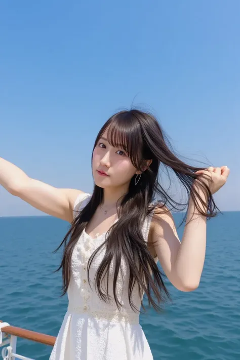 {
  "prompt": "A Japanese woman standing on the bow of a luxurious cruise ship with her arms extended horizontally, feeling the wind in her hair as it blows in the breeze. She is dressed in an elegant outfit, and her long hair flows behind her as she enjoy...