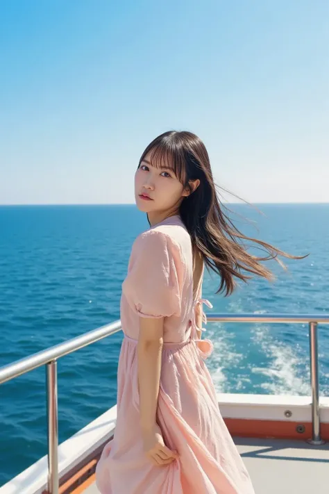 {
  "prompt": "A Japanese woman standing on the bow of a luxurious cruise ship with her arms extended horizontally, feeling the wind in her hair as it blows in the breeze. She is dressed in an elegant outfit, and her long hair flows behind her as she enjoy...