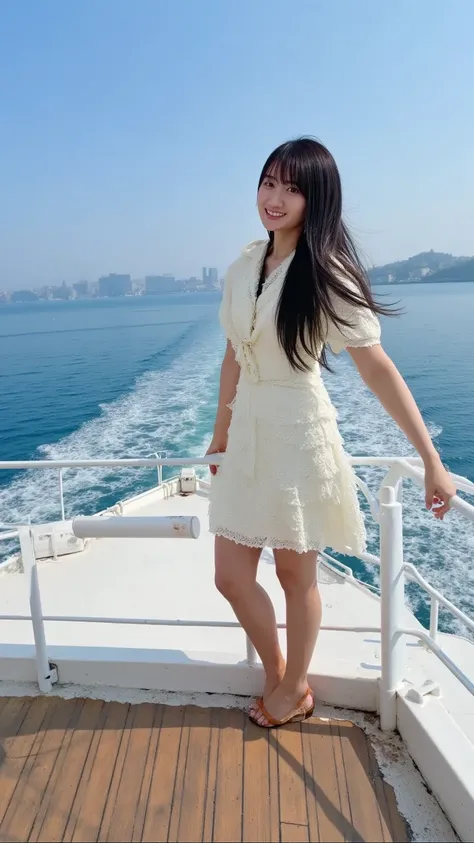 {
  "prompt": "A Japanese woman standing on the bow of a luxurious cruise ship with her arms extended horizontally, feeling the wind in her hair as it blows in the breeze. She is dressed in an elegant outfit, and her long hair flows behind her as she enjoy...