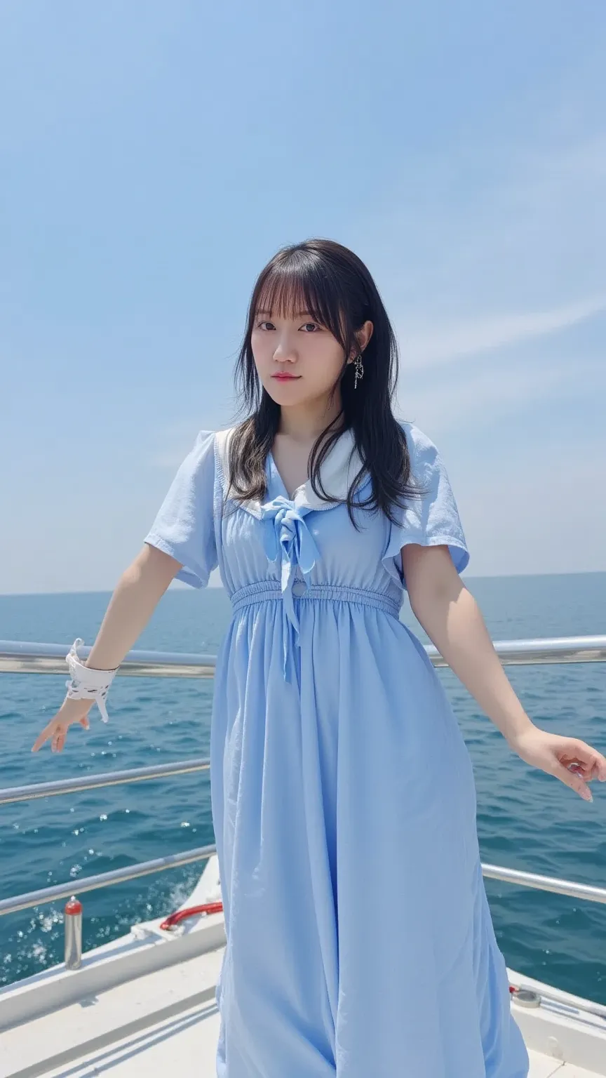 {
  "prompt": "A Japanese woman standing on the bow of a luxurious cruise ship with her arms extended horizontally, wearing a light blue dress. Her long hair is flowing in the wind, creating a sense of freedom and movement. The ocean stretches out in the b...