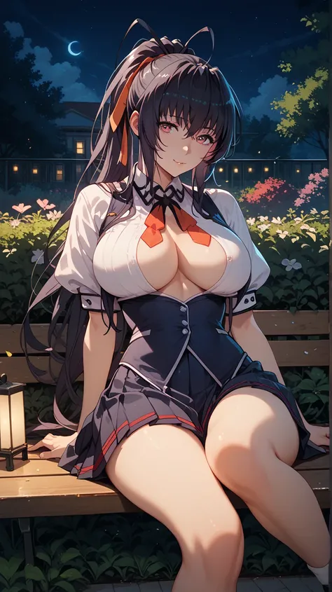 Sexy Akeno Himejima, UHD,  black hair ,  long hair, large breasts,  blackboard with school uniform, in a garden at night,  sitting on a bench , pose sexy,