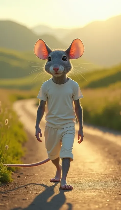 
A gray rat that looks like a human is wearing a white T-shirt, white pants, walking on a country road.
Hot sunny weather
