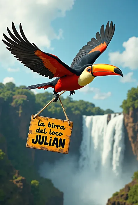 A toucan flying over the Iguazu Falls with a sign hanging on its legs that says LA BIRRA DEL LOCO JULIÁN 